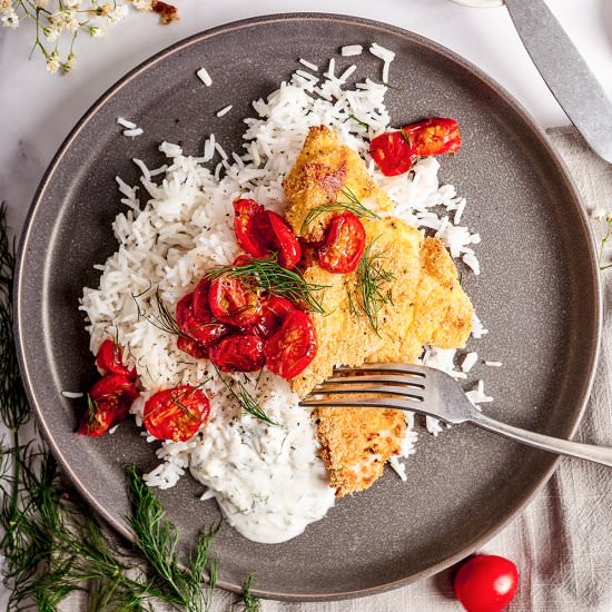 Oven crispy fish with cherry tomato