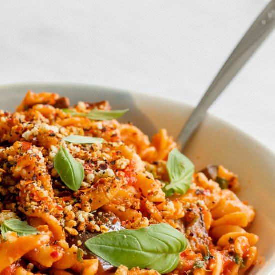 pasta alla norma with almond crumb