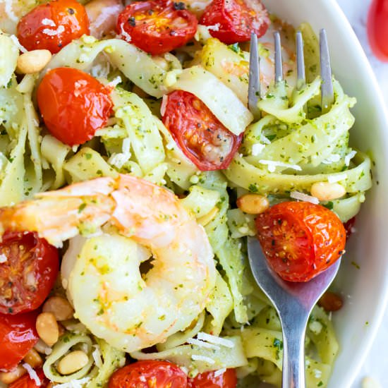 Shrimp Pesto Pasta with Tomatoes