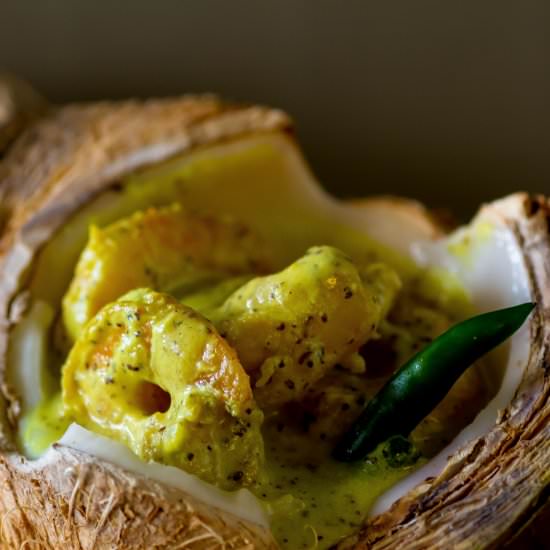 Prawns cooked in tender coconut
