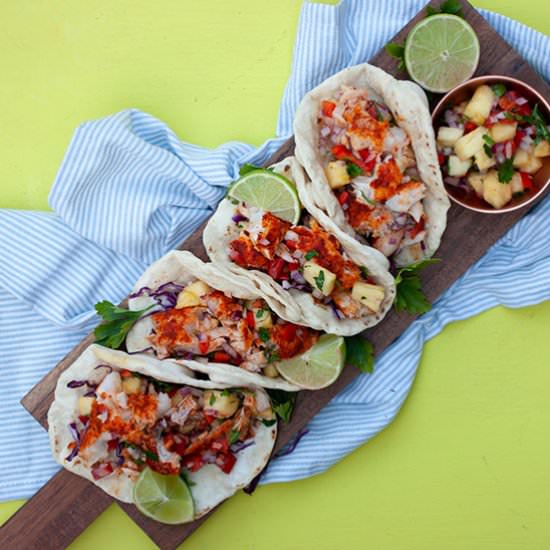 Spicy Fish Tacos + Pineapple Salsa