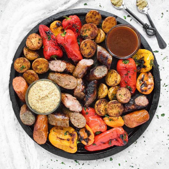 Grilled Sausages, Peppers, Potatoes