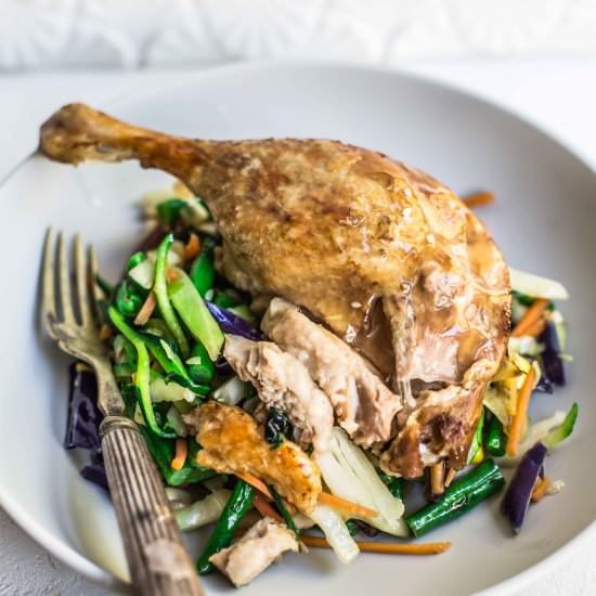 Confit duck with rainbow stir fry