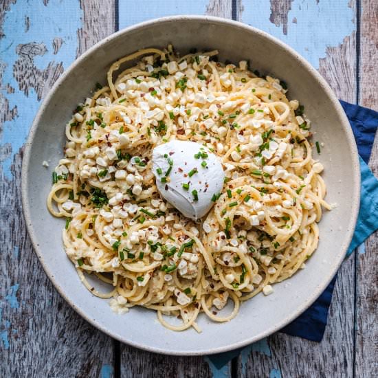 Corn and Bucatini with Burrata