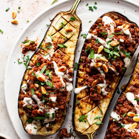 Vegan mince stuffed aubergines (GF)