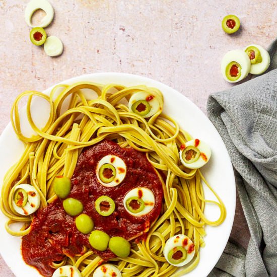 Halloween Spaghetti with Eyes