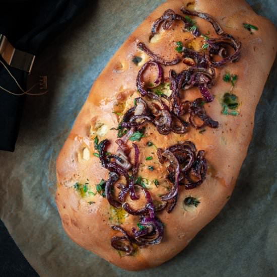 Focaccia with caramelized red onion