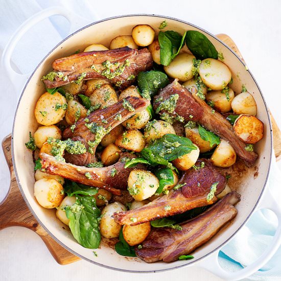 One Pot Lamb Cutlets, Potato, Pesto