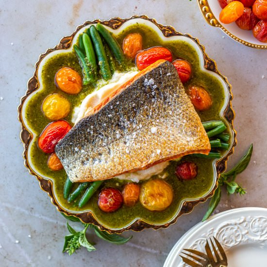 Pan Seared Salmon with Pesto Broth