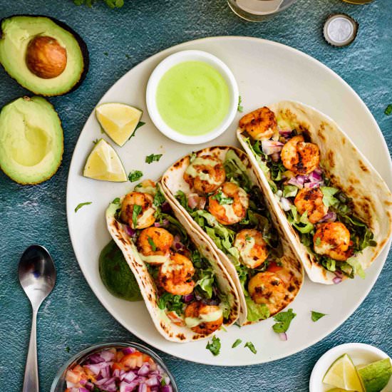 Shrimp Tacos with Avocado Sauce