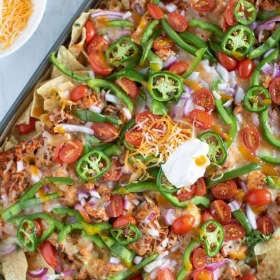 Sheet Pan Buffalo Chicken Nachos