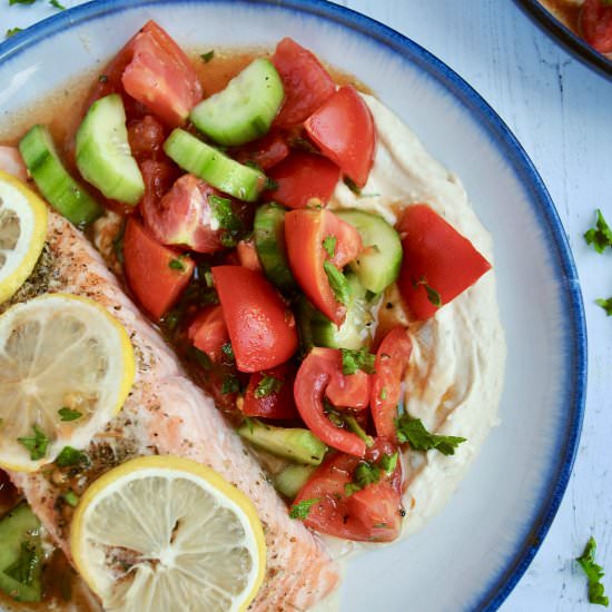 Mediterranean salmon with hummus