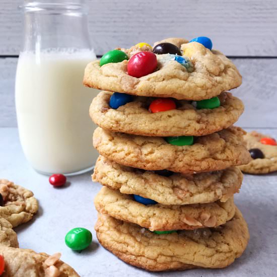 Salted Toffee Hazelnut M&M Cookies