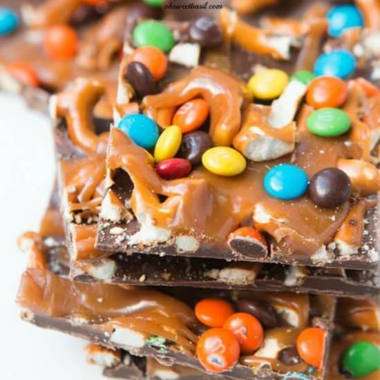 M&M Salted Caramel Pretzel Bark