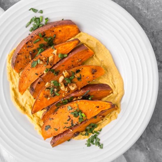 Garlic Sweet Potato Wedges & Hummus