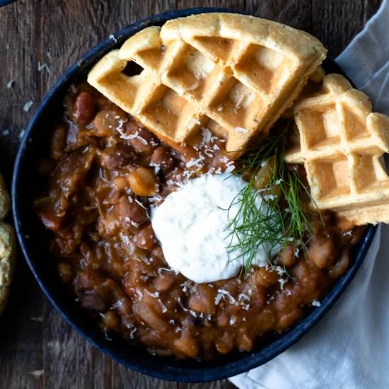 13 bean chili with cornbread waffle