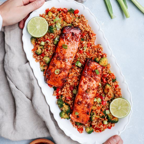asian salmon with veggie rice