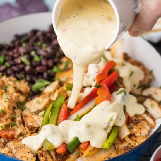 Queso Smothered Chicken Fajitas!