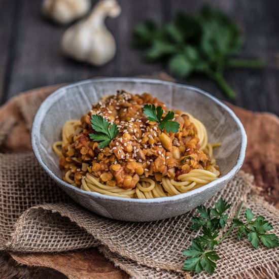 Vegan lentil mushroom bolognese