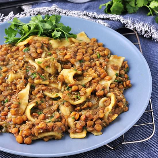 Lentils with homemade vegan pasta