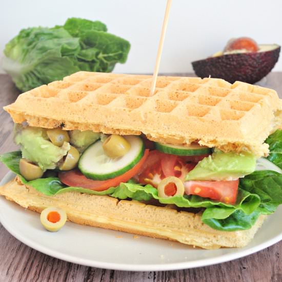 Waffles with guacamole and veggies