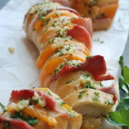 Hasselback Ham & Cheese Garlic Bread