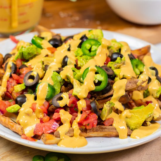 Loaded Vegan Potato Nachos & Queso