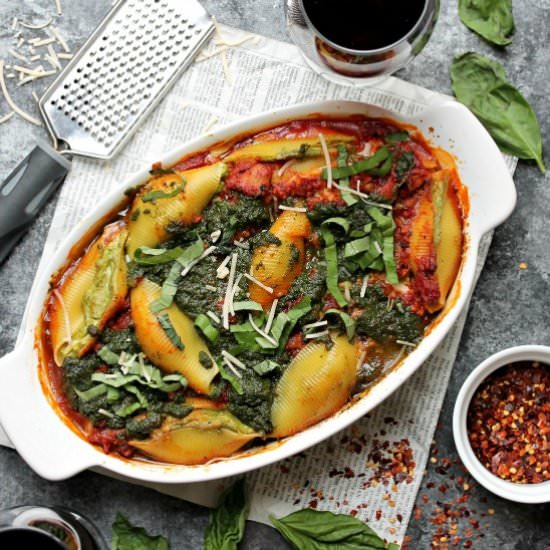 Cheesy Vegan Pesto Stuffed Shells