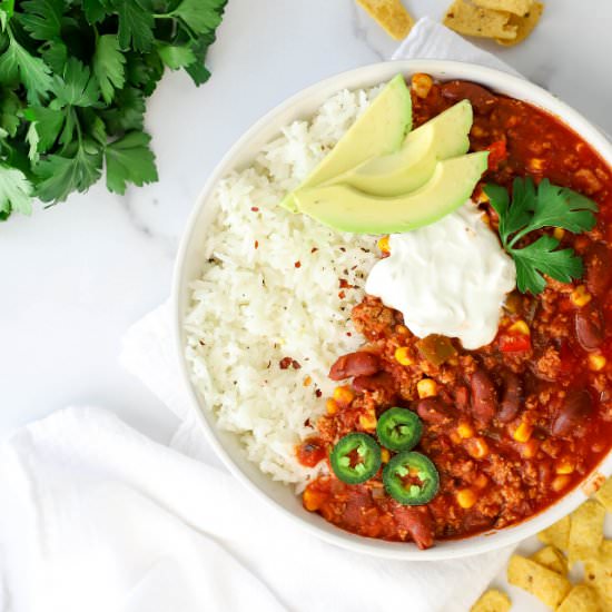 Loaded Turkey Chili Over Rice