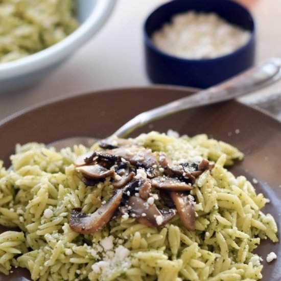 Easy Mushroom Orzo with Basil Pesto