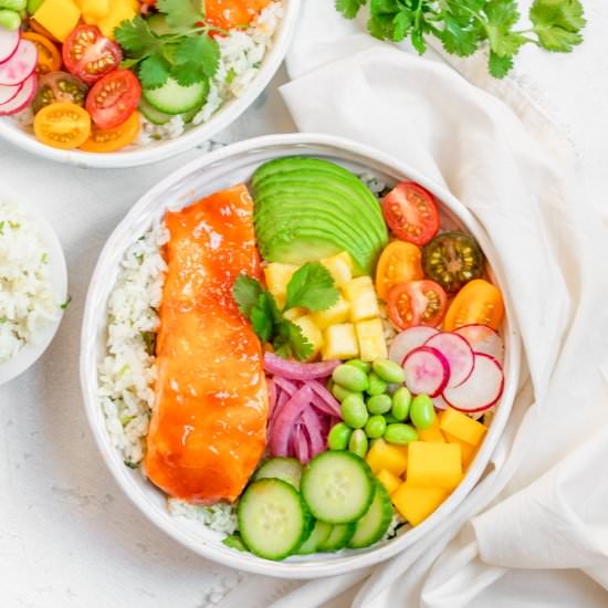 Honey Sriracha Salmon Rainbow Bowls