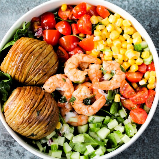 Hasselback Potatoes, Prawns and Veg