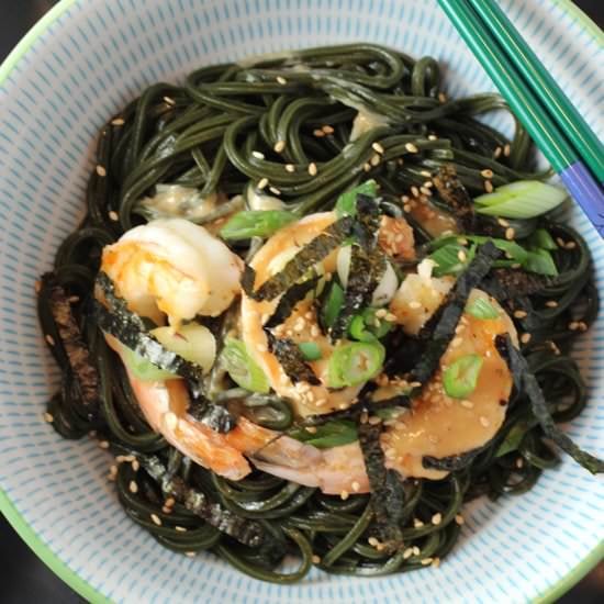 Green udon with grilled shrimp
