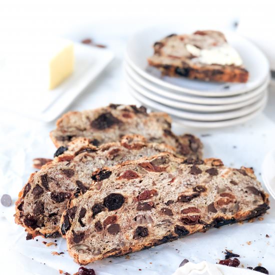No Knead Choc-Cherry Pecan Loaf