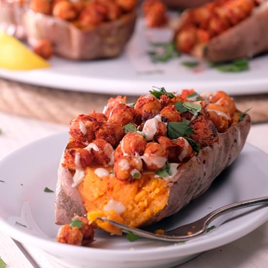 Harissa Chickpea Stuffed Potatoes