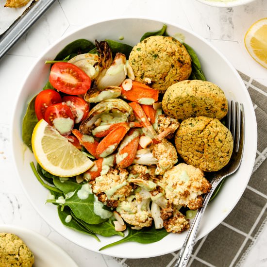 falafel bliss bowl + jalapeño sauce