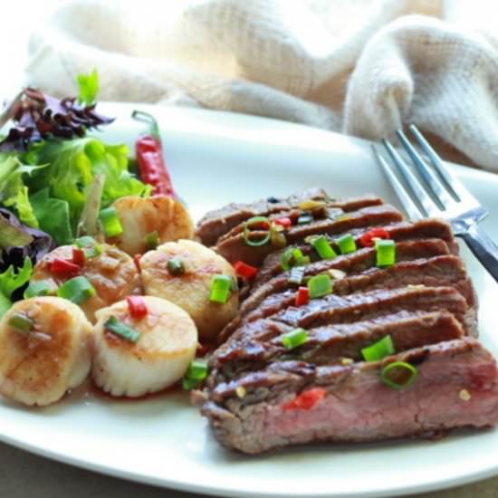 Grilled Flank Steak Seared Scallops