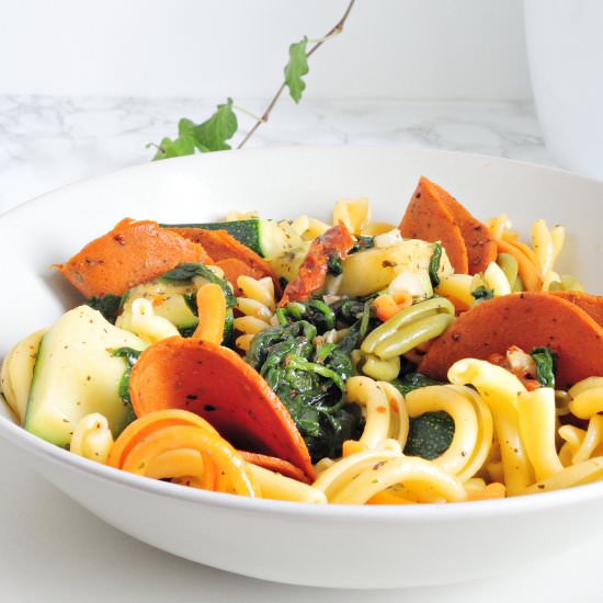 Pasta with vegan pepperoni