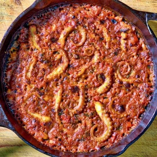 Octopus with baked beans