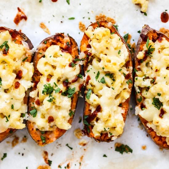 Mac + Cheese Stuffed Sweet Potatoes