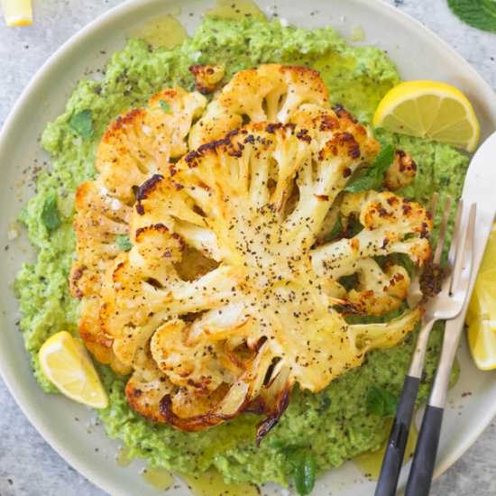 Cauliflower Steaks with Mashed Peas