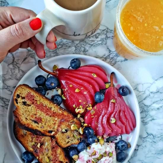 Challah With Hibiscus Poached Pears