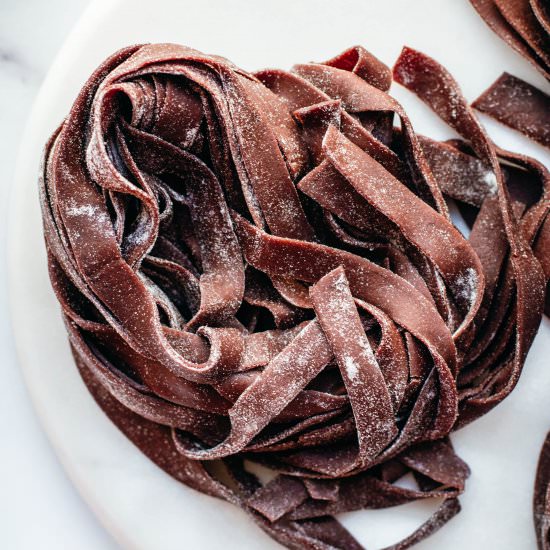 Homemade cocoa tagliatelle