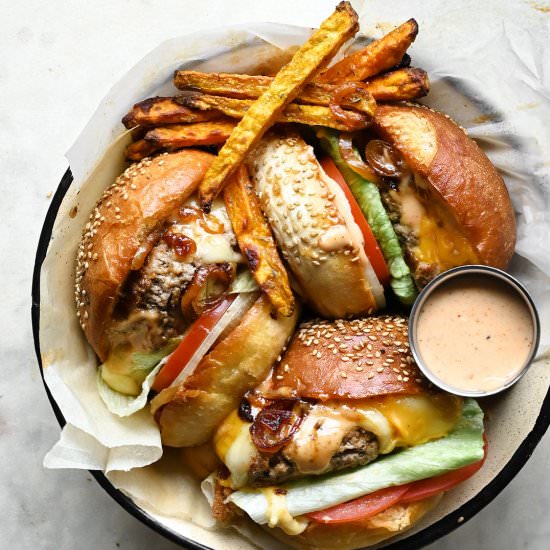 Burgers with sweet potato fries