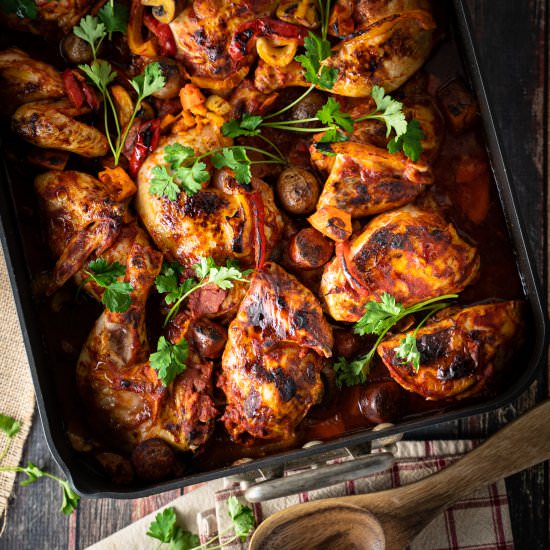 Marinated roast chicken and chorizo