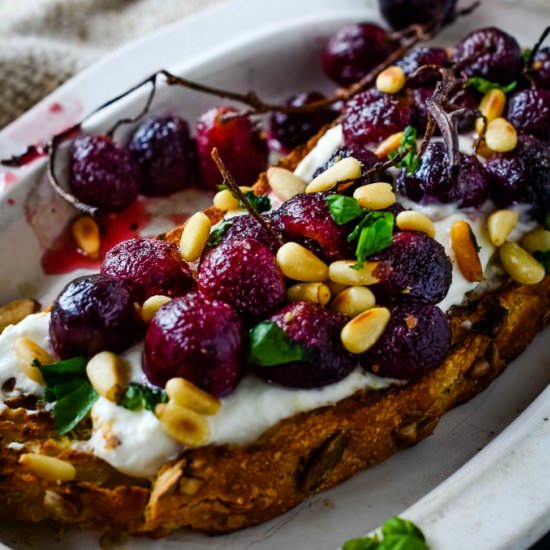 Baked Grapes and Feta Bruschetta