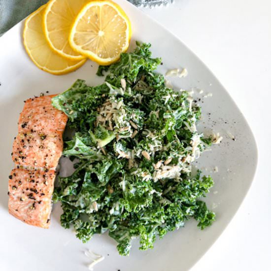 Kale Caesar Salad with Baked Salmon