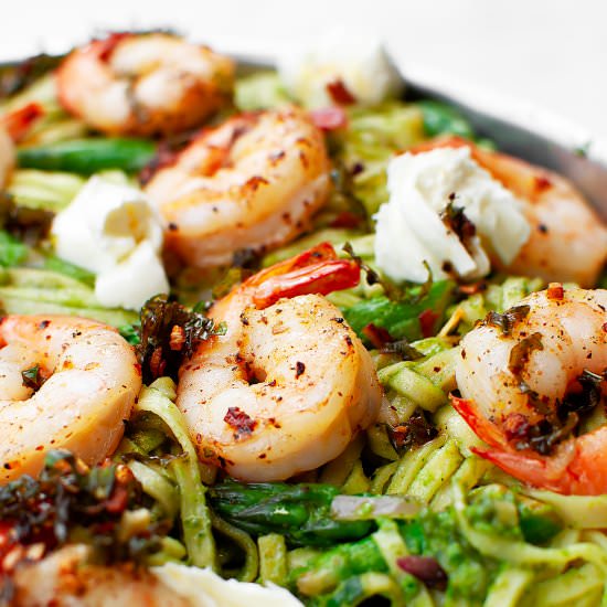 Shrimp Pesto Pasta with Asparagus