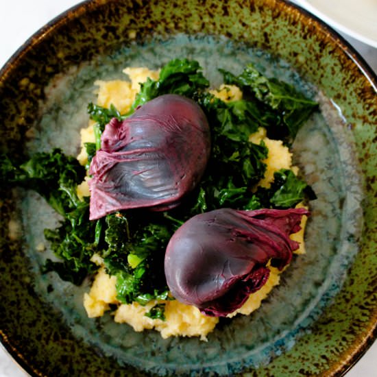 Poached Eggs, Polenta, and Kale