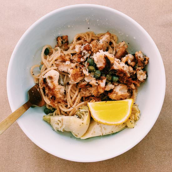 Garlic Pasta with Crispy Salmon